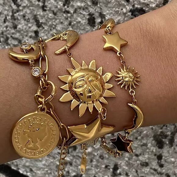 Gold Moon Star Sun Two Piece Chain Bracelet Set - Picture 1 of 10